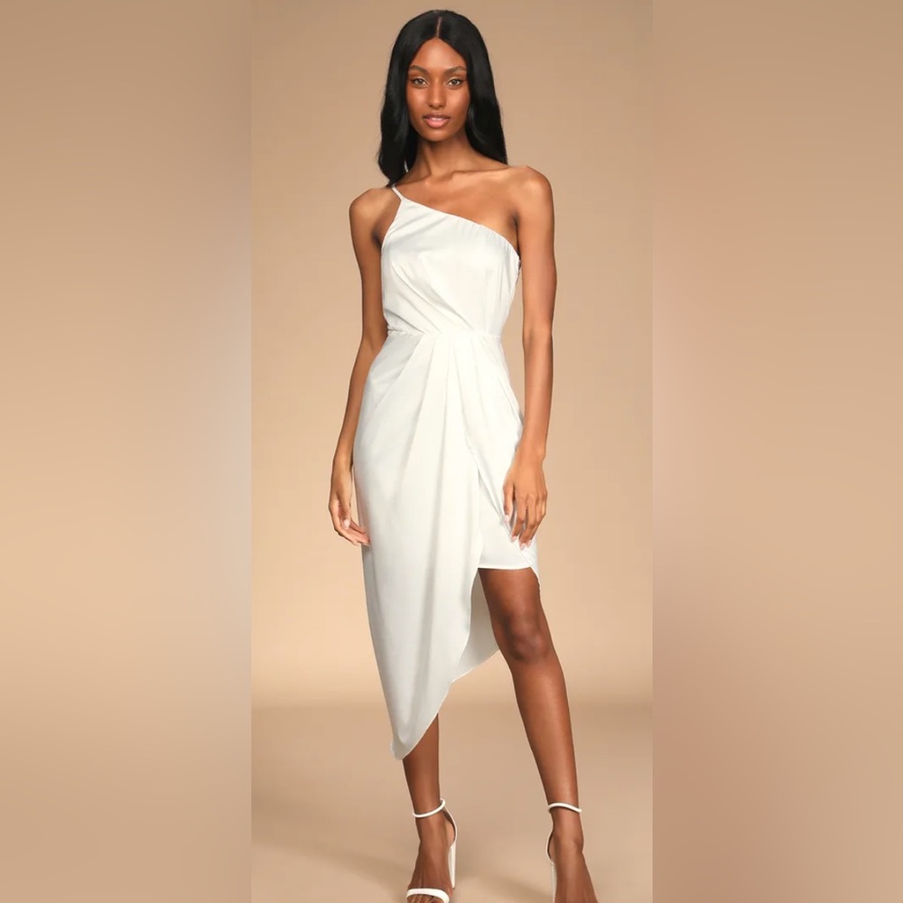 Lulus Law of Attraction White One Shoulder Asymmetrical Midi Dress
